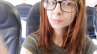Cute pornstar fingers herself in airplane girls' room